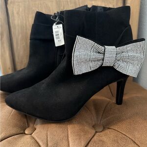 Women's Black Faux Suede Ankle Boots with Rhinestone Bow